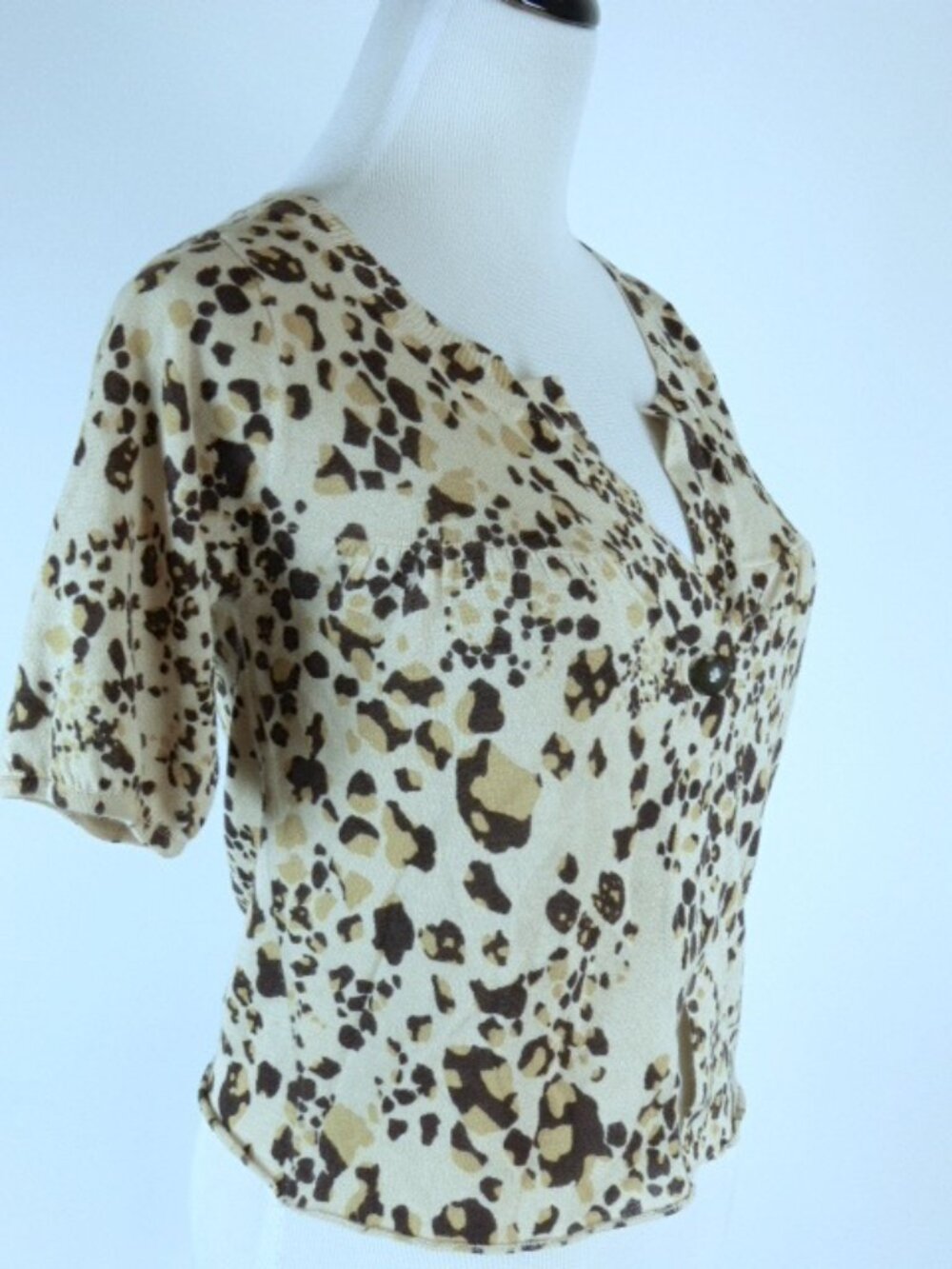 CHARLOTTE TARANTOLA short sleeve LEOPARD cardigan tan sweater top button up S